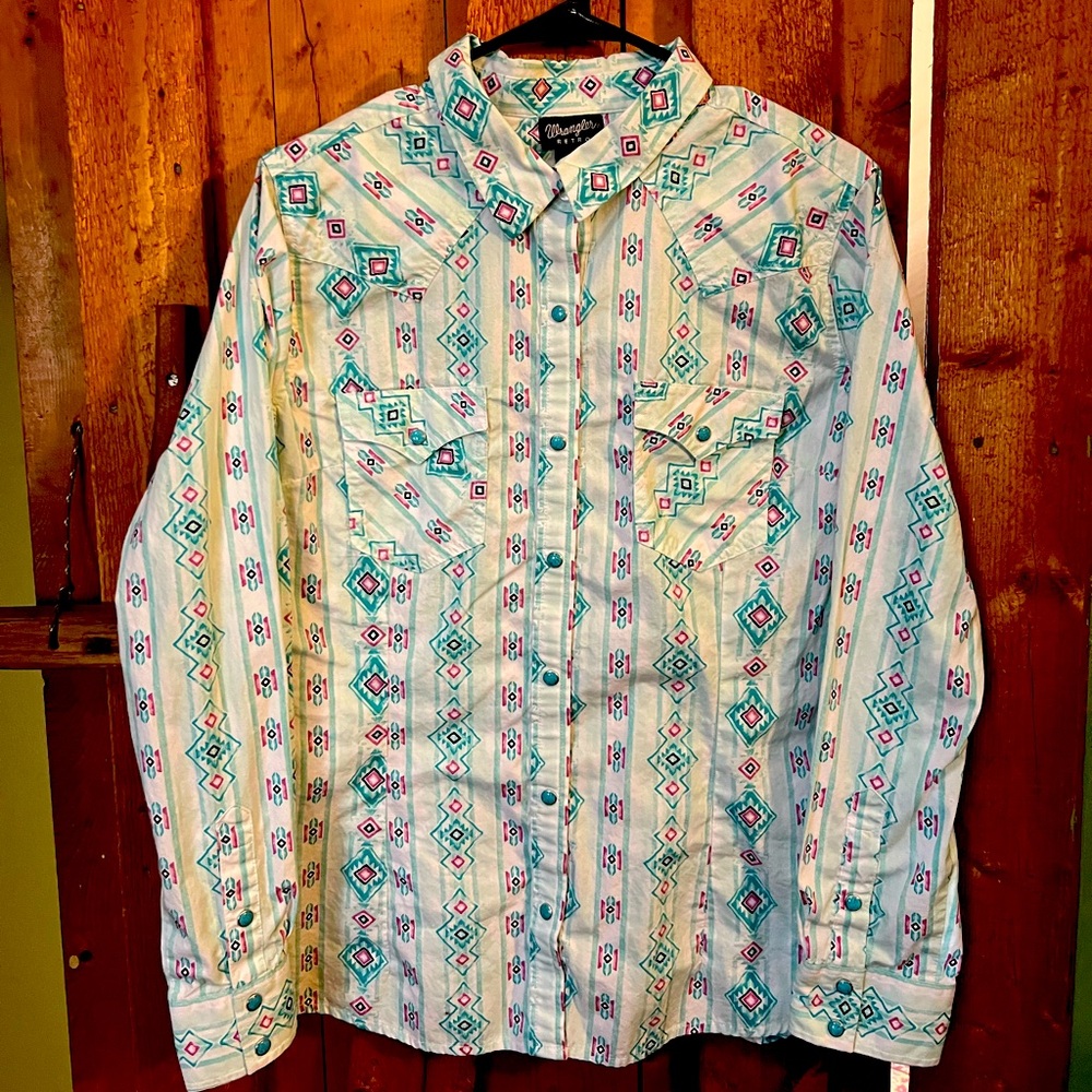 Wrangler Women’s Teal & White Southwestern Button-Front Shirt